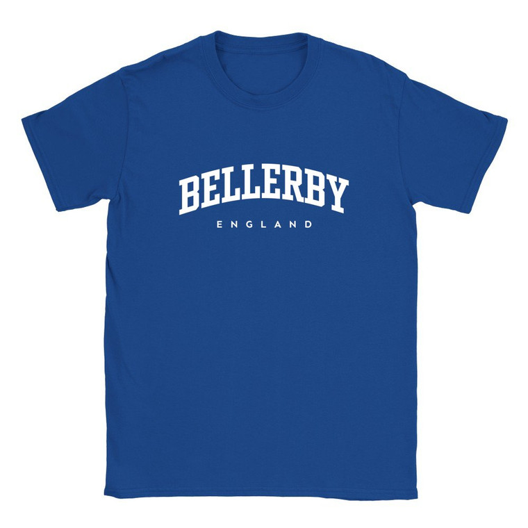 Bellerby T Shirt which features white text centered on the chest which says the Village name Bellerby in varsity style arched writing with England printed underneath.