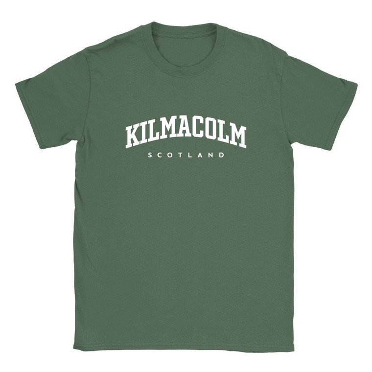 Kilmacolm T Shirt which features white text centered on the chest which says the Village name Kilmacolm in varsity style arched writing with Scotland printed underneath.