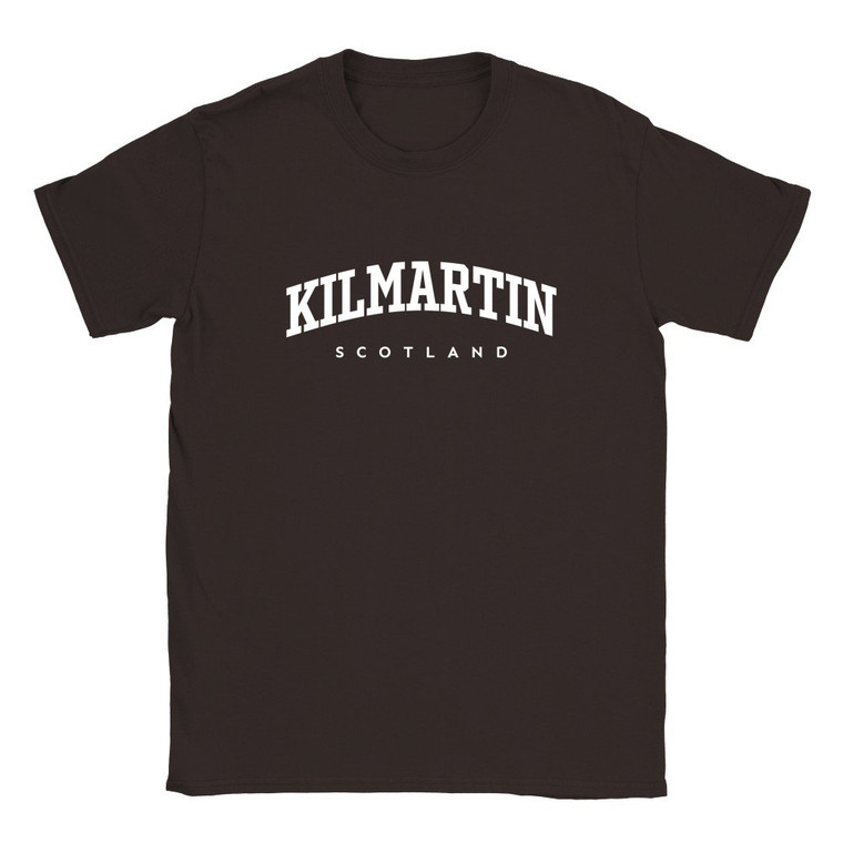 Kilmartin T Shirt which features white text centered on the chest which says the Village name Kilmartin in varsity style arched writing with Scotland printed underneath.