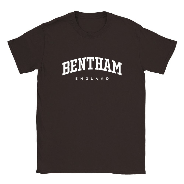 Bentham T Shirt which features white text centered on the chest which says the Village name Bentham in varsity style arched writing with England printed underneath.