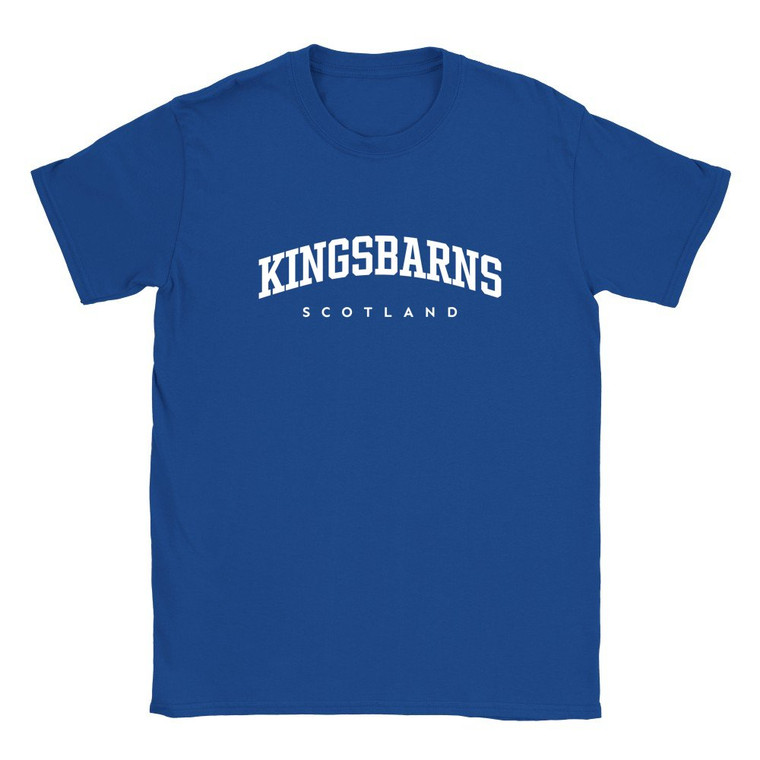 Kingsbarns T Shirt which features white text centered on the chest which says the Village name Kingsbarns in varsity style arched writing with Scotland printed underneath.