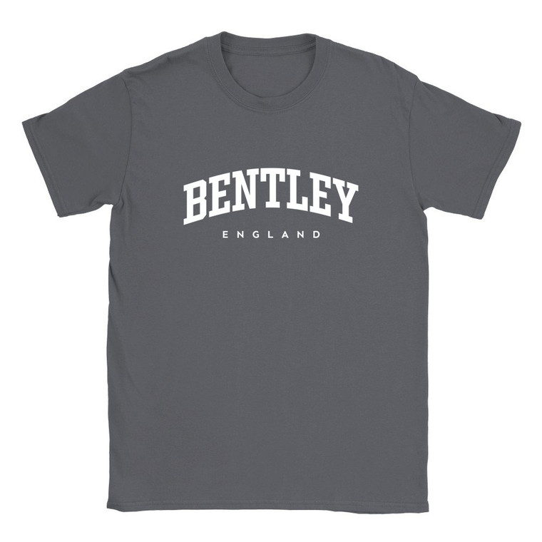 Bentley T Shirt which features white text centered on the chest which says the Village name Bentley in varsity style arched writing with England printed underneath.