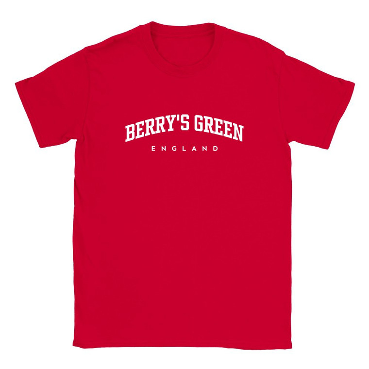 Berry's Green T Shirt which features white text centered on the chest which says the Village name Berry's Green in varsity style arched writing with England printed underneath.