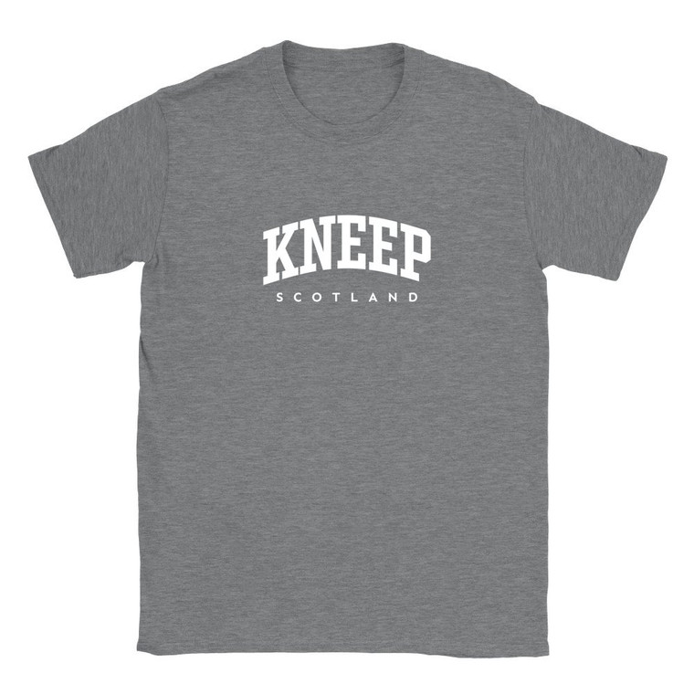 Kneep T Shirt which features white text centered on the chest which says the Village name Kneep in varsity style arched writing with Scotland printed underneath.