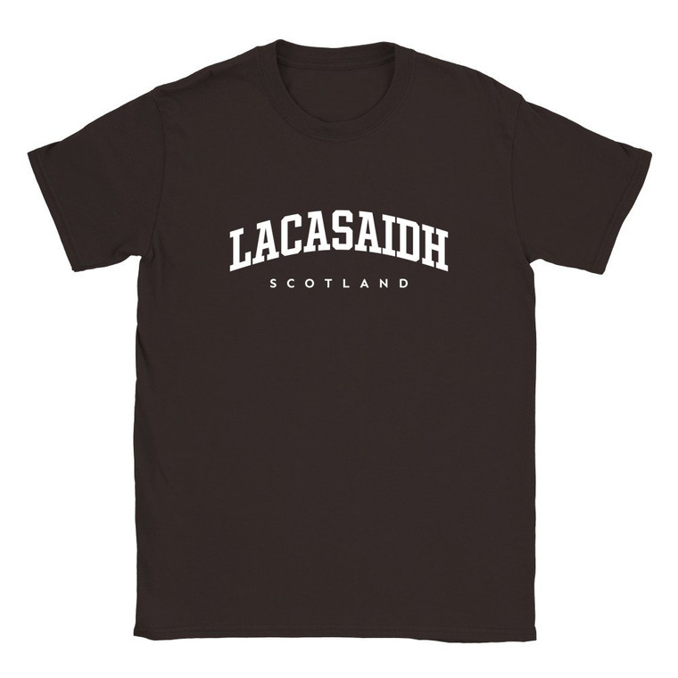 Lacasaidh T Shirt which features white text centered on the chest which says the Village name Lacasaidh in varsity style arched writing with Scotland printed underneath.