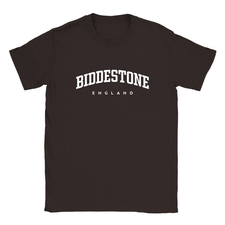 Biddestone T Shirt which features white text centered on the chest which says the Village name Biddestone in varsity style arched writing with England printed underneath.