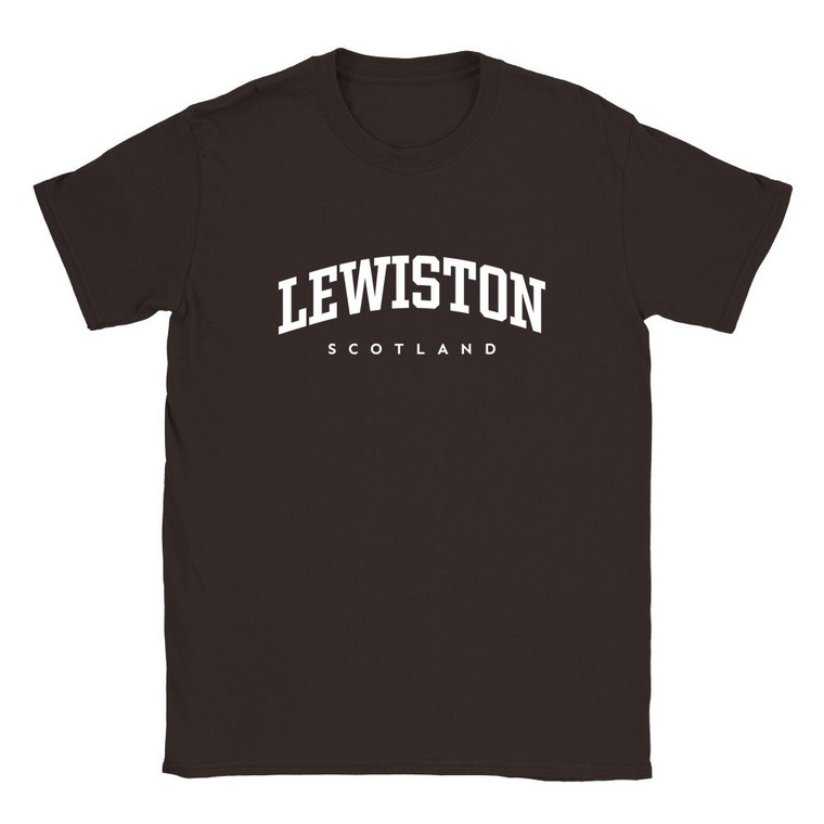 Lewiston T Shirt which features white text centered on the chest which says the Village name Lewiston in varsity style arched writing with Scotland printed underneath.