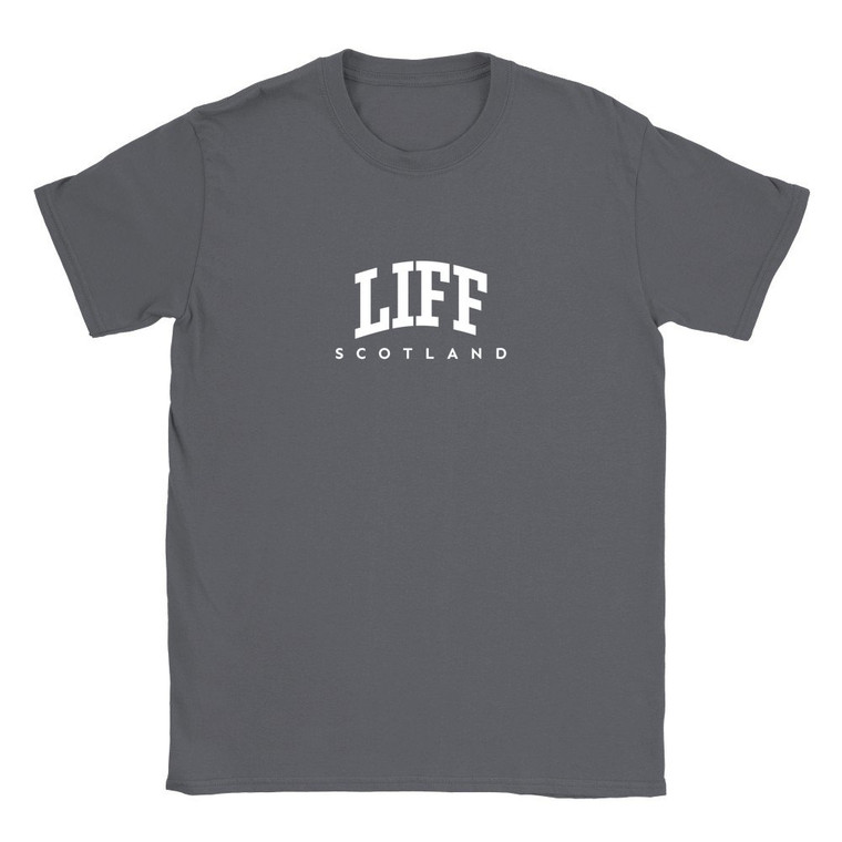 Liff T Shirt which features white text centered on the chest which says the Village name Liff in varsity style arched writing with Scotland printed underneath.