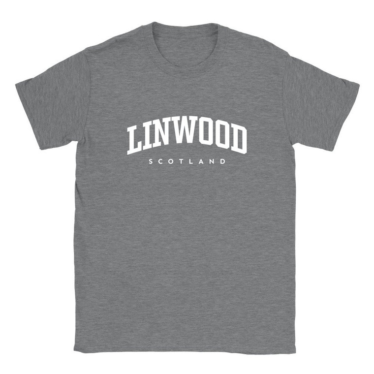Linwood T Shirt which features white text centered on the chest which says the Village name Linwood in varsity style arched writing with Scotland printed underneath.