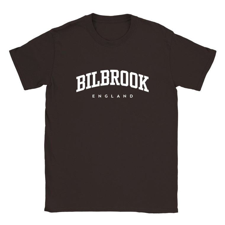 Bilbrook T Shirt which features white text centered on the chest which says the Village name Bilbrook in varsity style arched writing with England printed underneath.