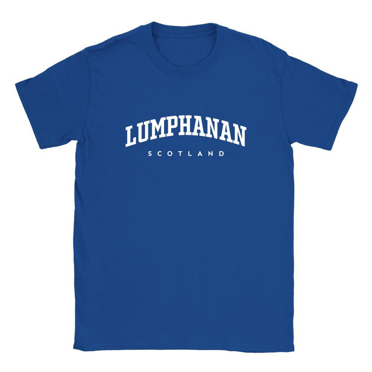 Lumphanan T Shirt which features white text centered on the chest which says the Village name Lumphanan in varsity style arched writing with Scotland printed underneath.