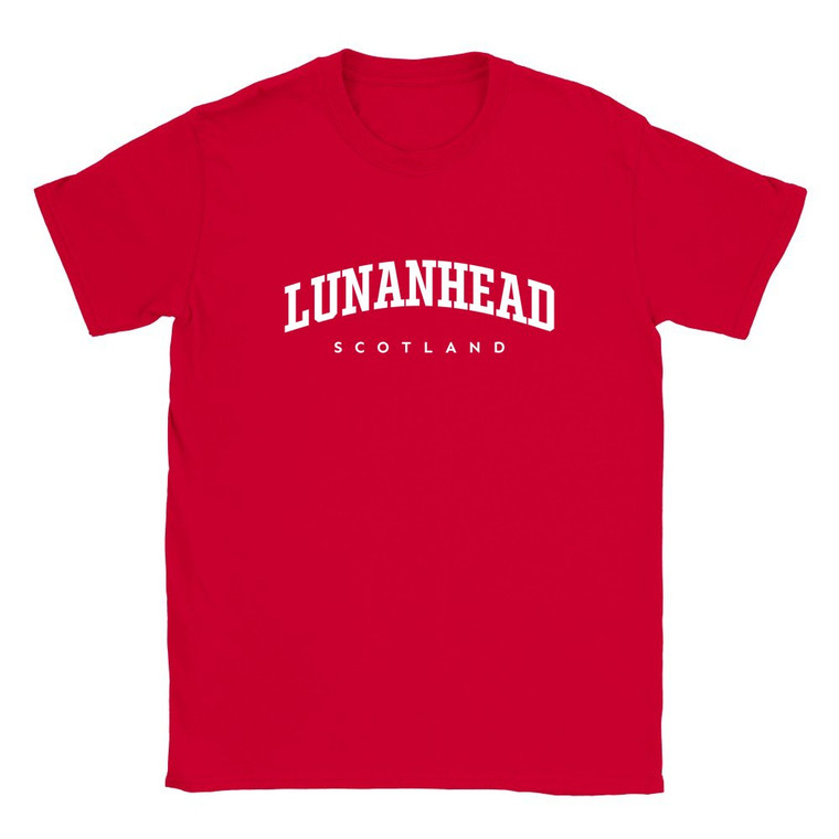 Lunanhead T Shirt which features white text centered on the chest which says the Village name Lunanhead in varsity style arched writing with Scotland printed underneath.