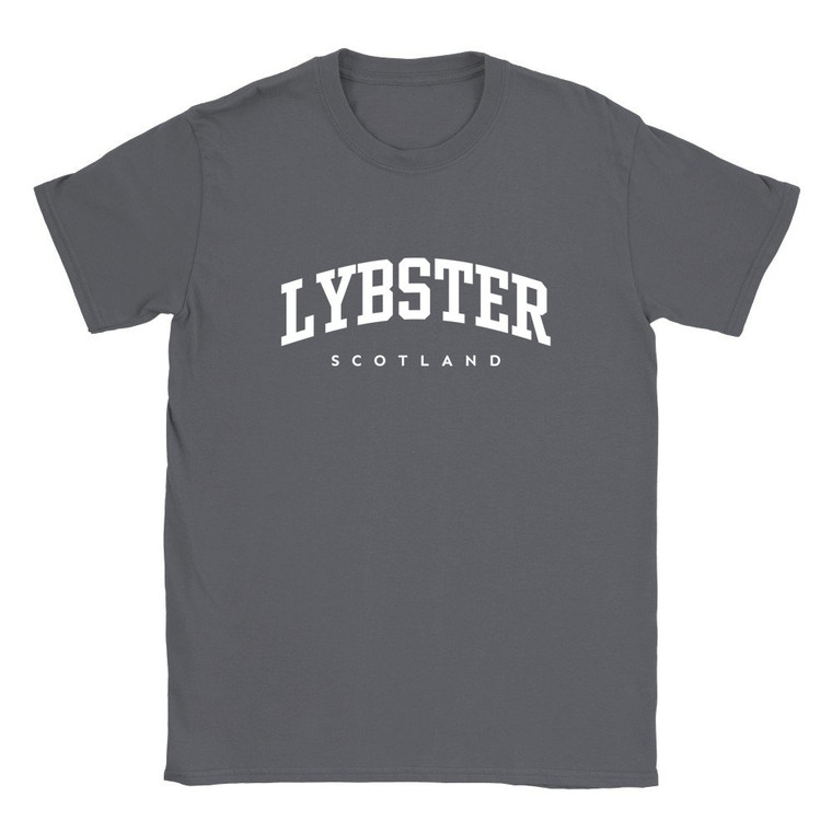 Lybster T Shirt which features white text centered on the chest which says the Village name Lybster in varsity style arched writing with Scotland printed underneath.