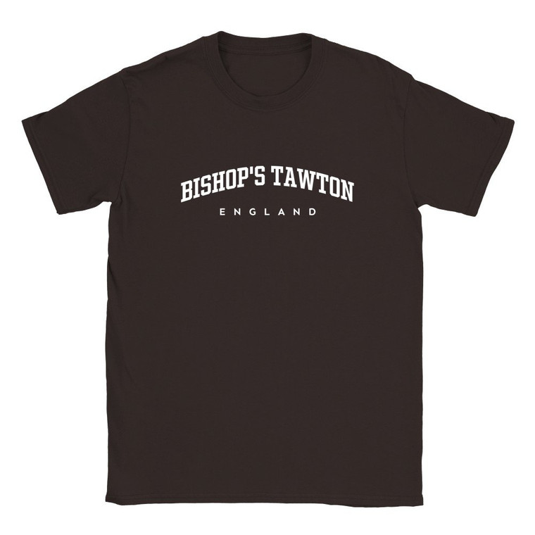 Bishop's Tawton T Shirt which features white text centered on the chest which says the Village name Bishop's Tawton in varsity style arched writing with England printed underneath.