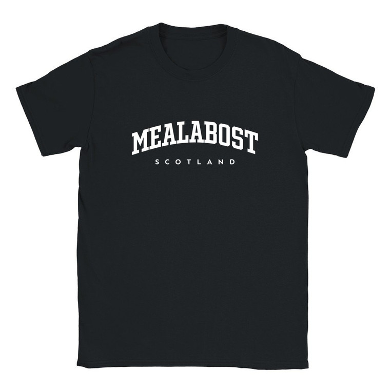 Mealabost T Shirt which features white text centered on the chest which says the Village name Mealabost in varsity style arched writing with Scotland printed underneath.