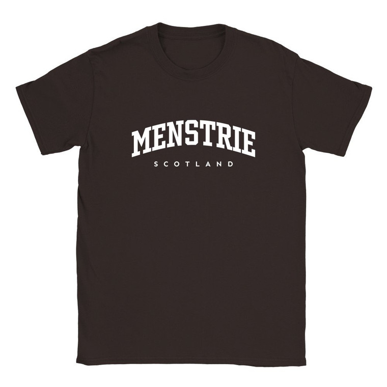 Menstrie T Shirt which features white text centered on the chest which says the Village name Menstrie in varsity style arched writing with Scotland printed underneath.