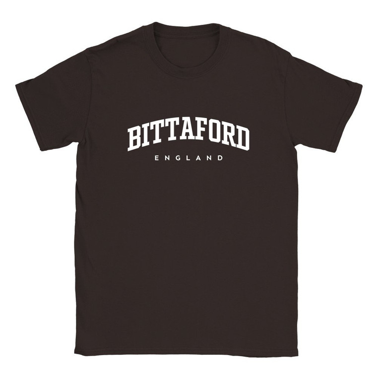 Bittaford T Shirt which features white text centered on the chest which says the Village name Bittaford in varsity style arched writing with England printed underneath.