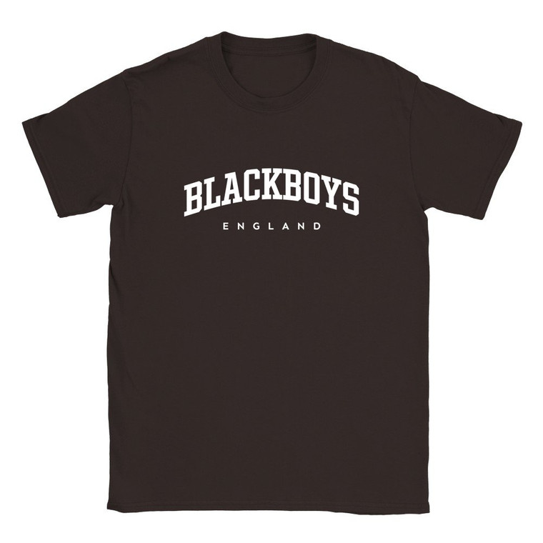 Blackboys T Shirt which features white text centered on the chest which says the Village name Blackboys in varsity style arched writing with England printed underneath.