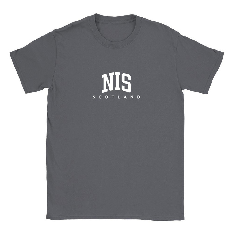 Nis T Shirt which features white text centered on the chest which says the Village name Nis in varsity style arched writing with Scotland printed underneath.