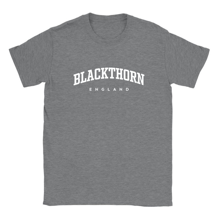 Blackthorn T Shirt which features white text centered on the chest which says the Village name Blackthorn in varsity style arched writing with England printed underneath.