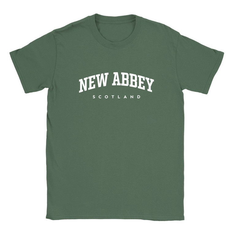 New Abbey T Shirt which features white text centered on the chest which says the Village name New Abbey in varsity style arched writing with Scotland printed underneath.