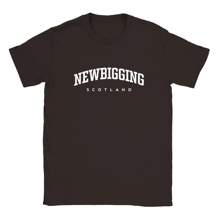 Newbigging T Shirt which features white text centered on the chest which says the Village name Newbigging in varsity style arched writing with Scotland printed underneath.