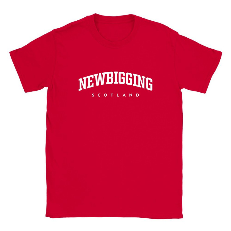 Newbigging T Shirt which features white text centered on the chest which says the Village name Newbigging in varsity style arched writing with Scotland printed underneath.