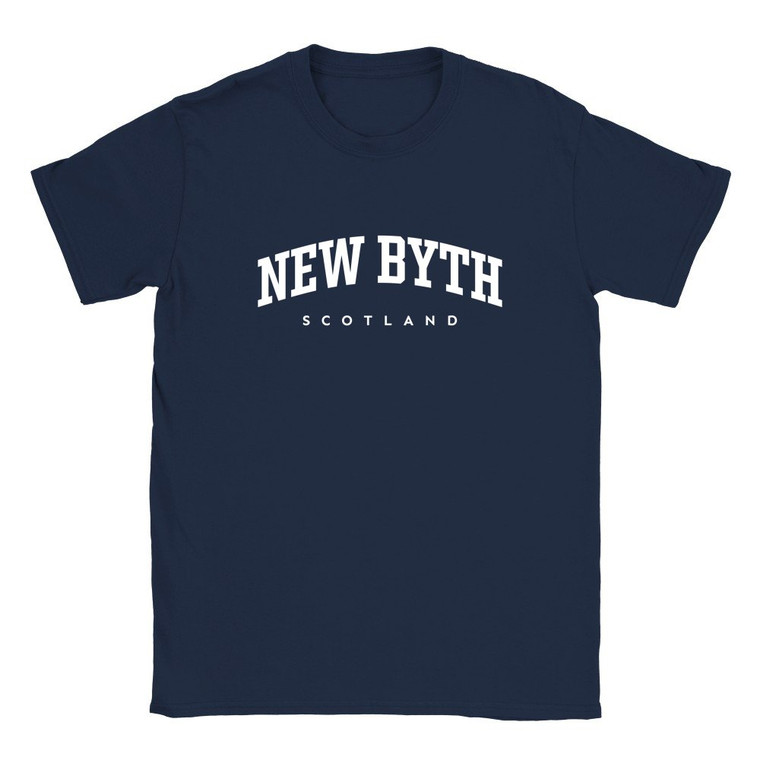 New Byth T Shirt which features white text centered on the chest which says the Village name New Byth in varsity style arched writing with Scotland printed underneath.