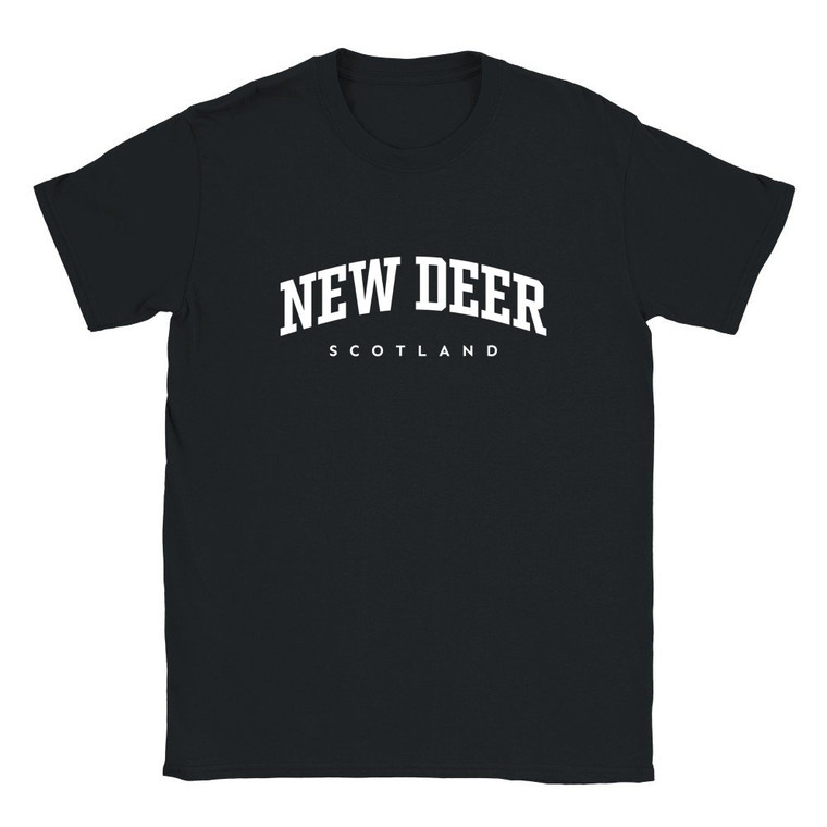 New Deer T Shirt which features white text centered on the chest which says the Village name New Deer in varsity style arched writing with Scotland printed underneath.