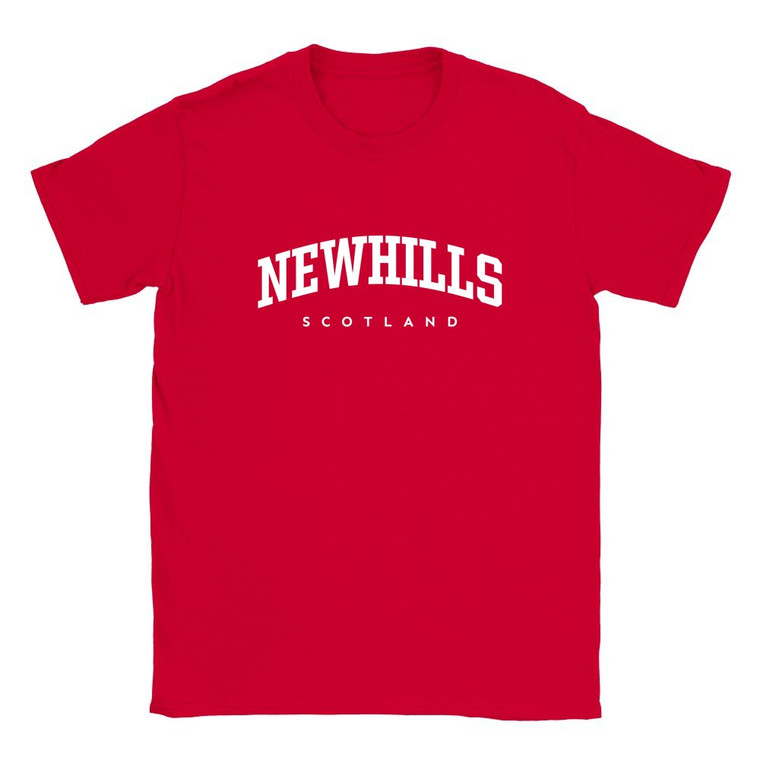 Newhills T Shirt which features white text centered on the chest which says the Village name Newhills in varsity style arched writing with Scotland printed underneath.