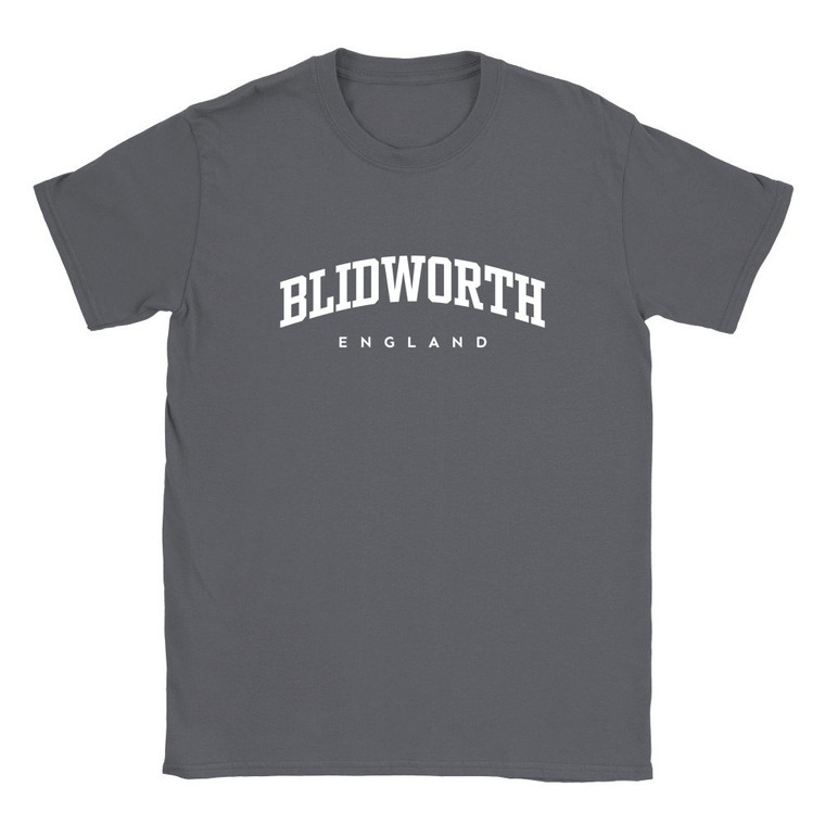 Blidworth T Shirt which features white text centered on the chest which says the Village name Blidworth in varsity style arched writing with England printed underneath.