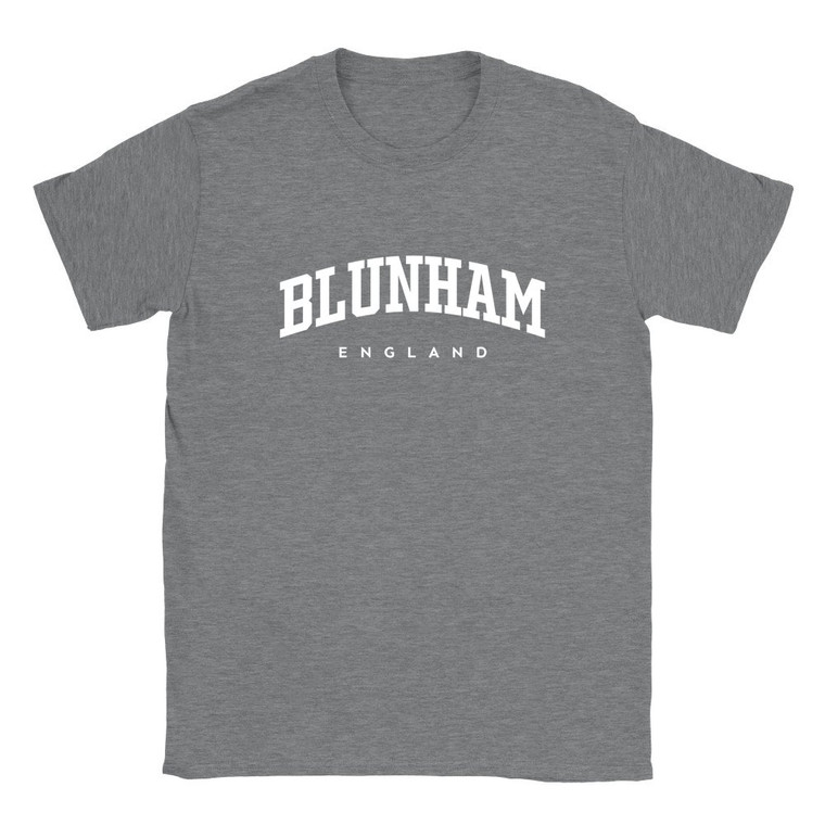 Blunham T Shirt which features white text centered on the chest which says the Village name Blunham in varsity style arched writing with England printed underneath.