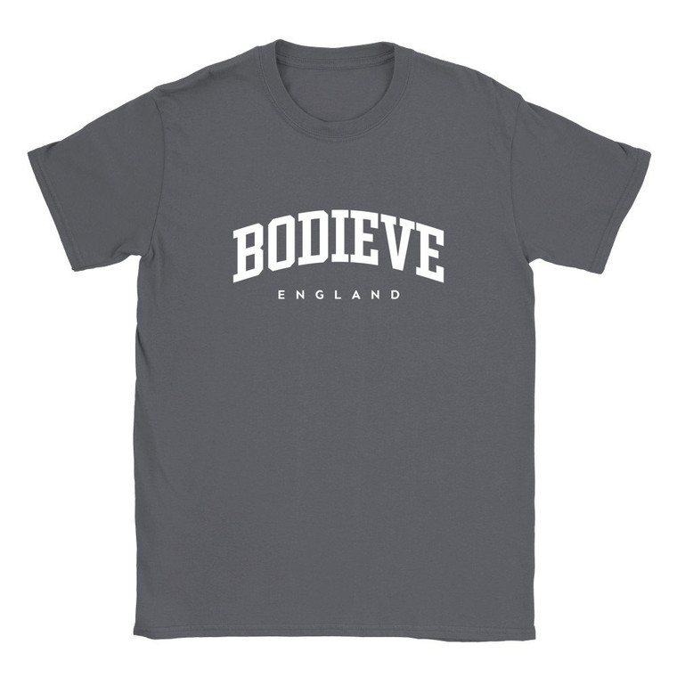 Bodieve T Shirt which features white text centered on the chest which says the Village name Bodieve in varsity style arched writing with England printed underneath.