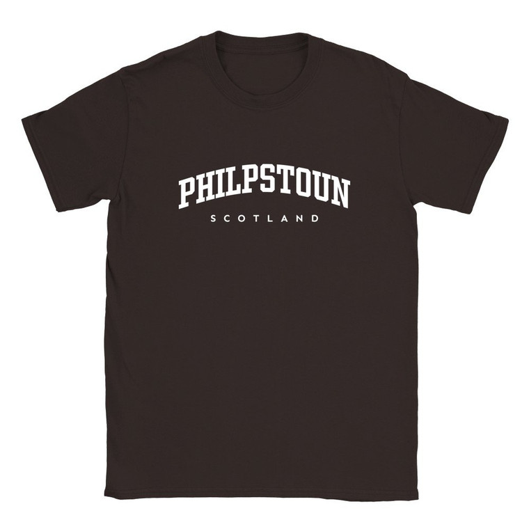 Philpstoun T Shirt which features white text centered on the chest which says the Village name Philpstoun in varsity style arched writing with Scotland printed underneath.