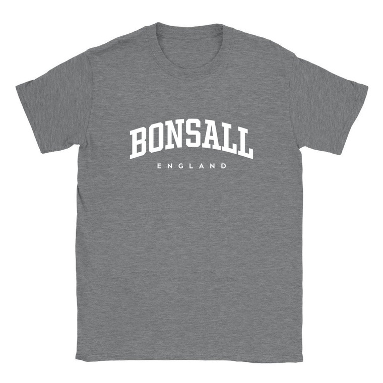 Bonsall T Shirt which features white text centered on the chest which says the Village name Bonsall in varsity style arched writing with England printed underneath.