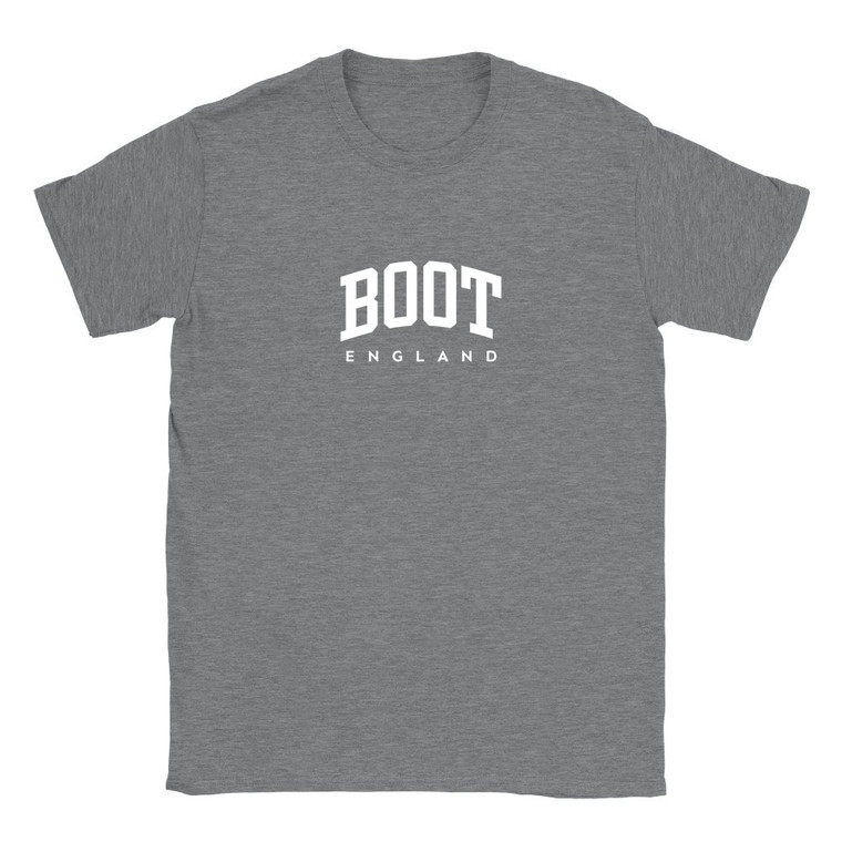 Boot T Shirt which features white text centered on the chest which says the Village name Boot in varsity style arched writing with England printed underneath.