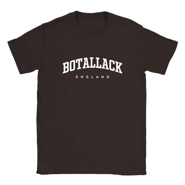 Botallack T Shirt which features white text centered on the chest which says the Village name Botallack in varsity style arched writing with England printed underneath.