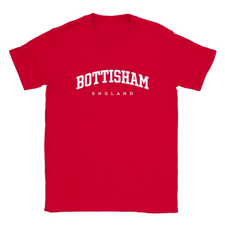 Bottisham T Shirt which features white text centered on the chest which says the Village name Bottisham in varsity style arched writing with England printed underneath.