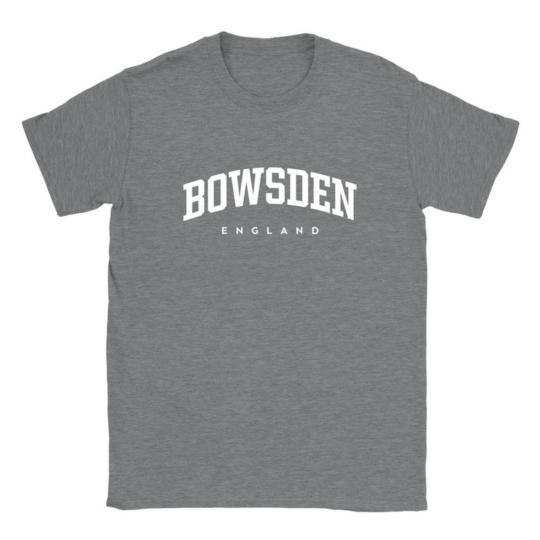 Bowsden T Shirt which features white text centered on the chest which says the Village name Bowsden in varsity style arched writing with England printed underneath.