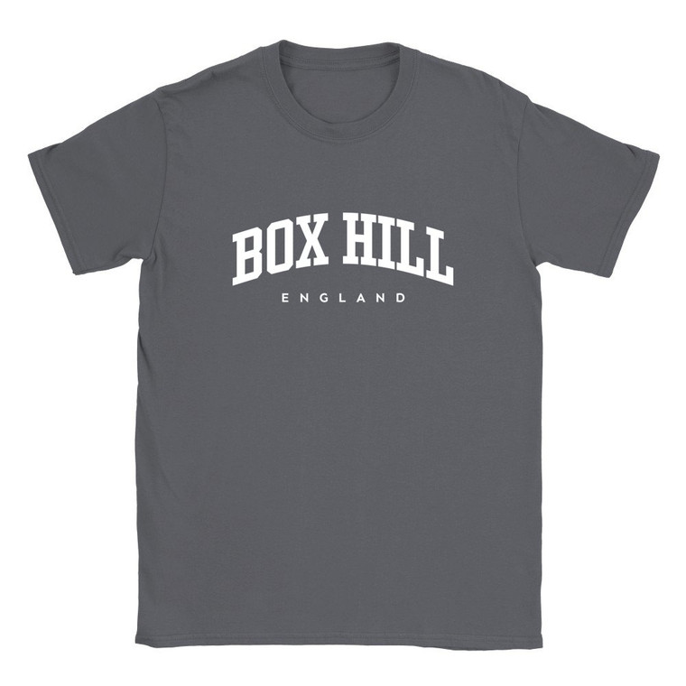 Box Hill T Shirt which features white text centered on the chest which says the Village name Box Hill in varsity style arched writing with England printed underneath.