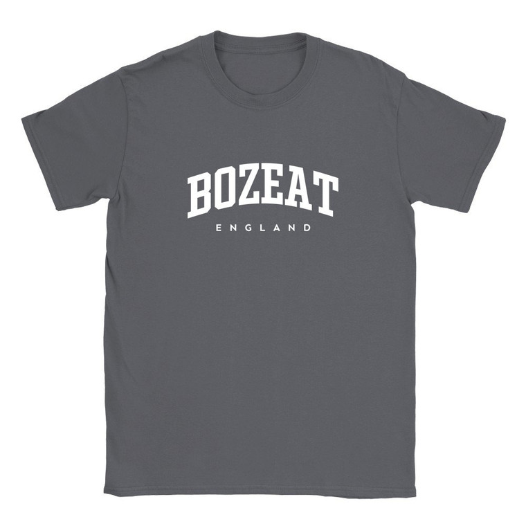 Bozeat T Shirt which features white text centered on the chest which says the Village name Bozeat in varsity style arched writing with England printed underneath.