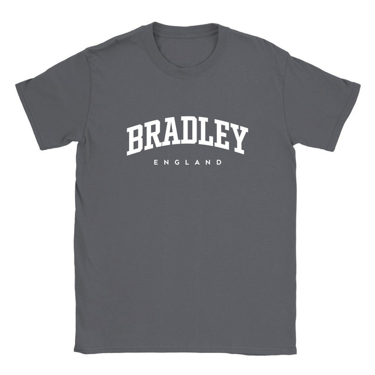 Bradley T Shirt which features white text centered on the chest which says the Village name Bradley in varsity style arched writing with England printed underneath.