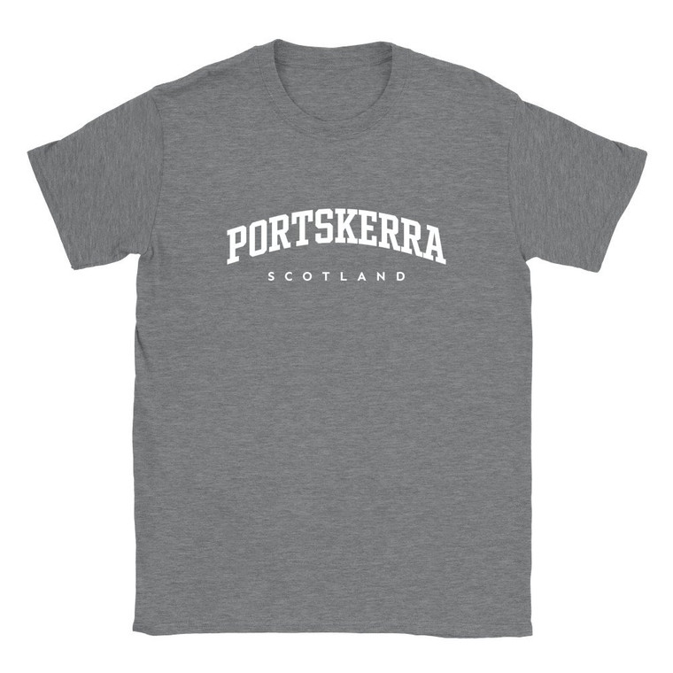 Portskerra T Shirt which features white text centered on the chest which says the Village name Portskerra in varsity style arched writing with Scotland printed underneath.