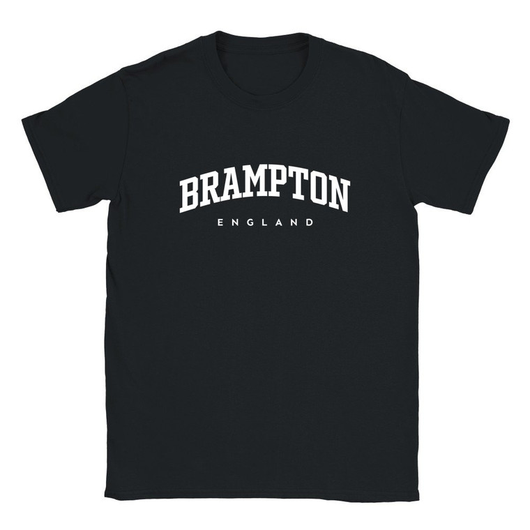 Brampton T Shirt which features white text centered on the chest which says the Village name Brampton in varsity style arched writing with England printed underneath.