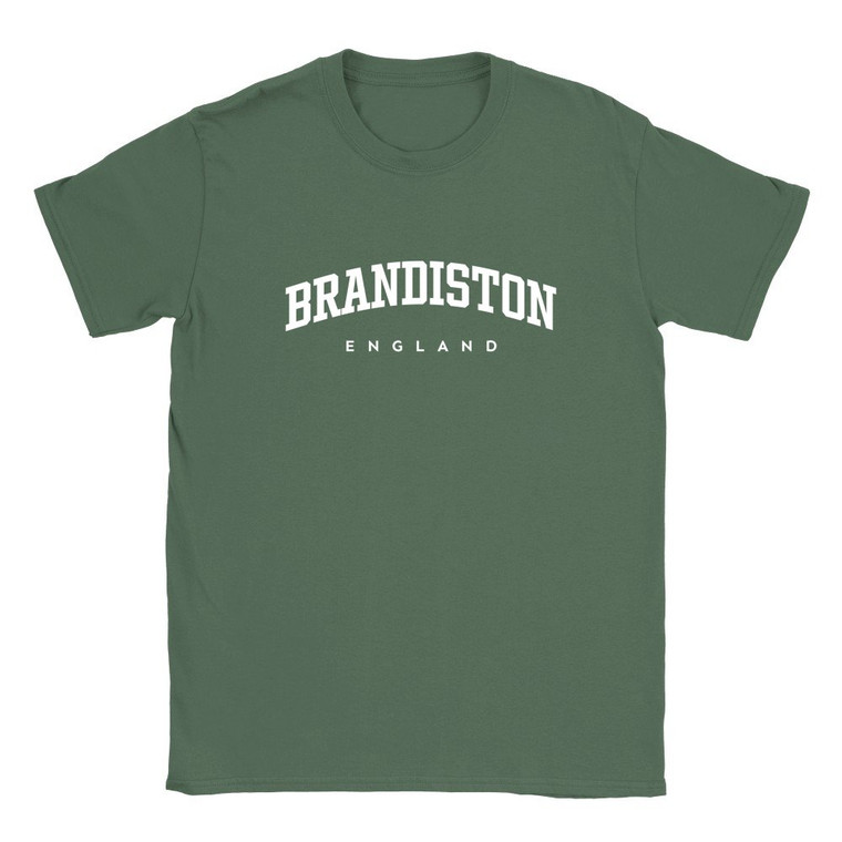 Brandiston T Shirt which features white text centered on the chest which says the Village name Brandiston in varsity style arched writing with England printed underneath.