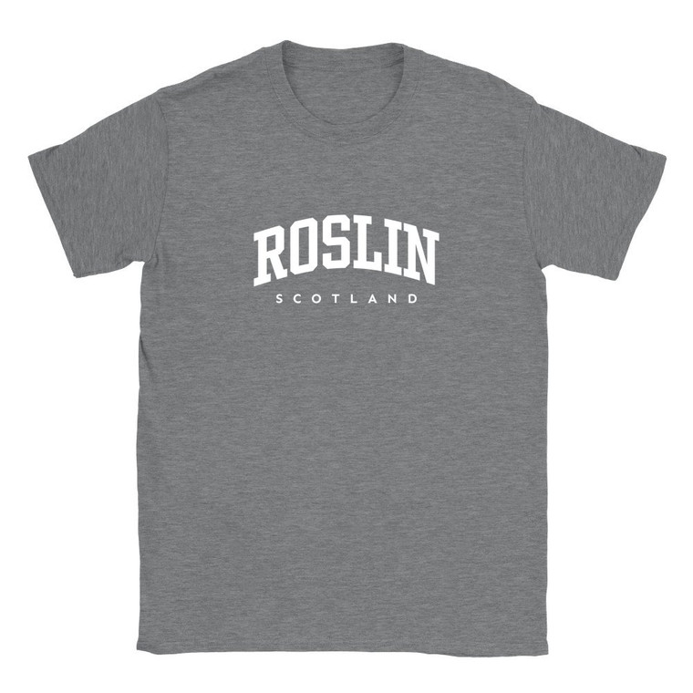 Roslin T Shirt which features white text centered on the chest which says the Village name Roslin in varsity style arched writing with Scotland printed underneath.