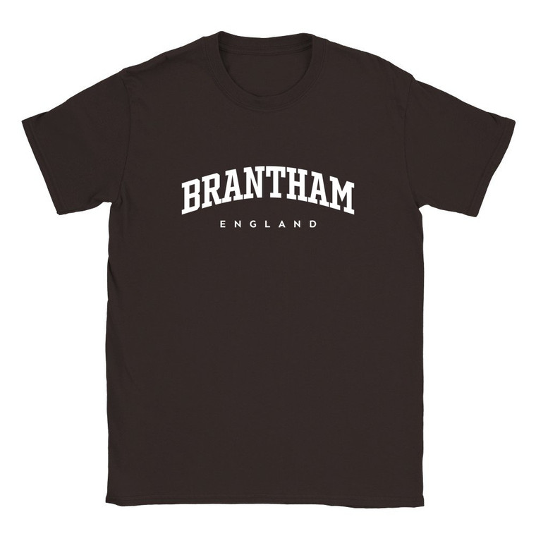 Brantham T Shirt which features white text centered on the chest which says the Village name Brantham in varsity style arched writing with England printed underneath.