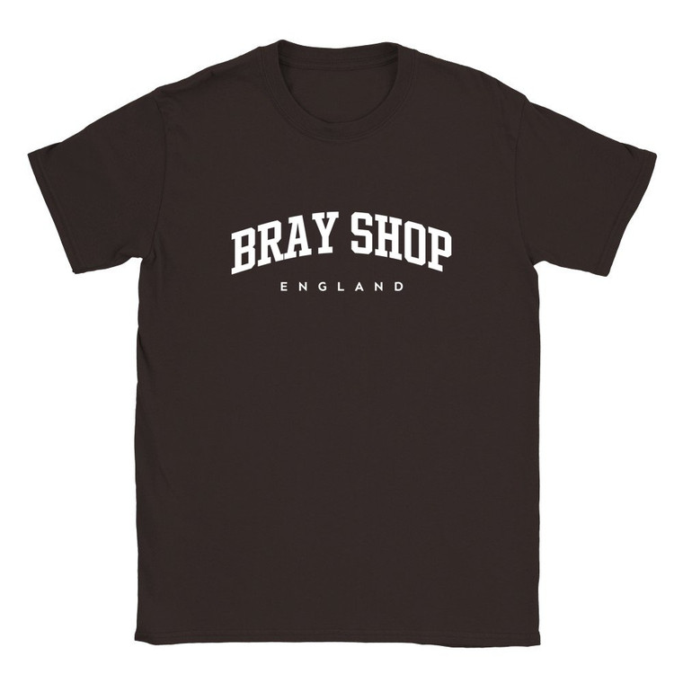 Bray Shop T Shirt which features white text centered on the chest which says the Village name Bray Shop in varsity style arched writing with England printed underneath.