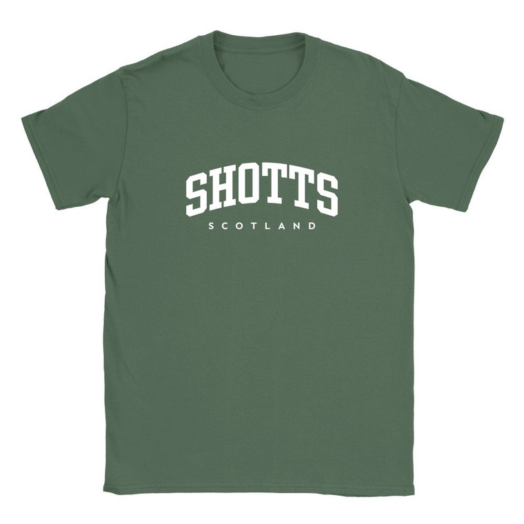 Shotts T Shirt which features white text centered on the chest which says the Village name Shotts in varsity style arched writing with Scotland printed underneath.