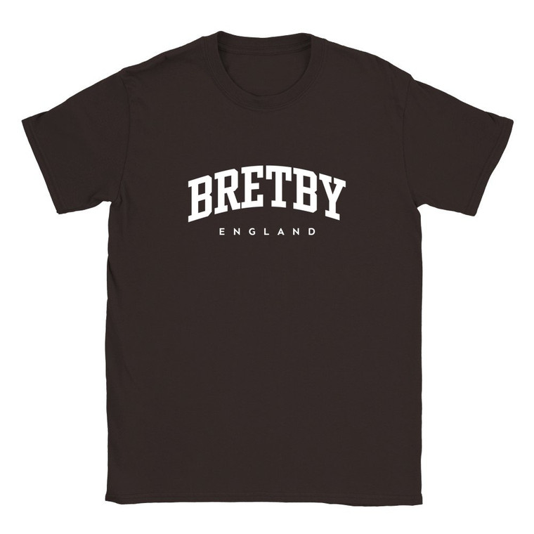 Bretby T Shirt which features white text centered on the chest which says the Village name Bretby in varsity style arched writing with England printed underneath.